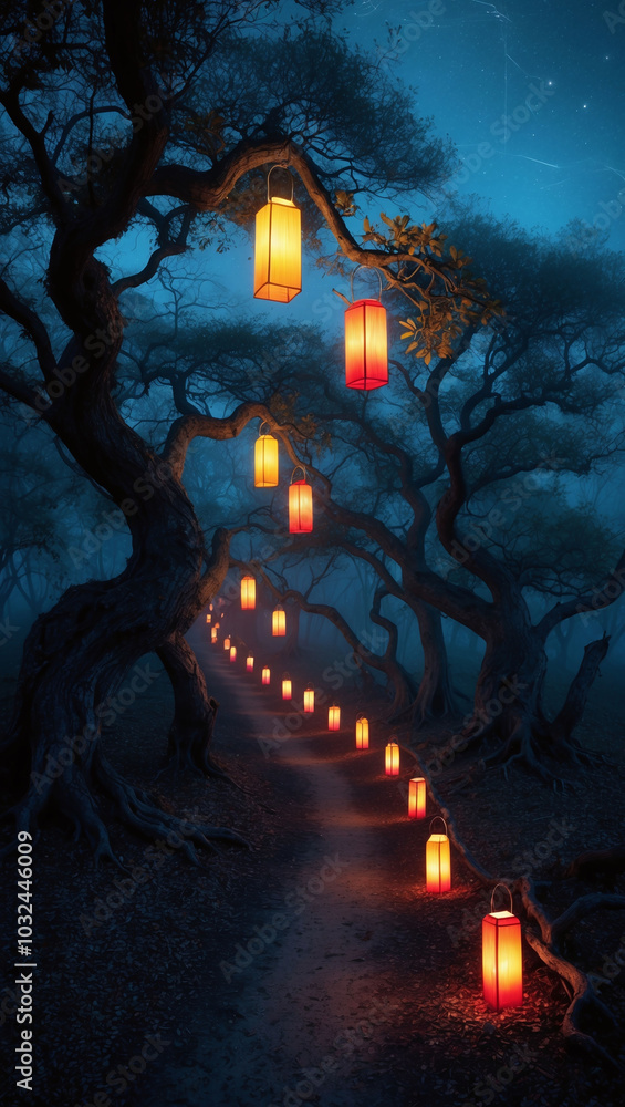 Poster dark forest path illuminated by glowing lanterns hanging from trees
