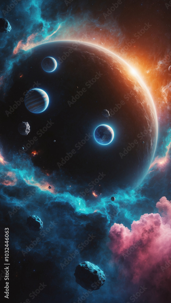 Poster cosmic scene of planets and asteroids floating through deep space with vibrant colors
