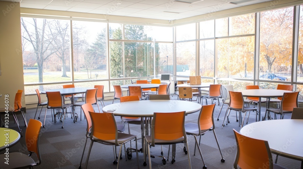 Poster a bright, modern classroom with large windows and round tables for collaboration.