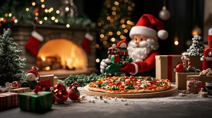 A pizza is on a table next to a Christmas tree and a Santa Claus figure