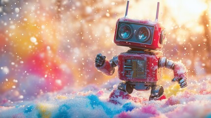 Playful robot exploring a colorful snowy landscape