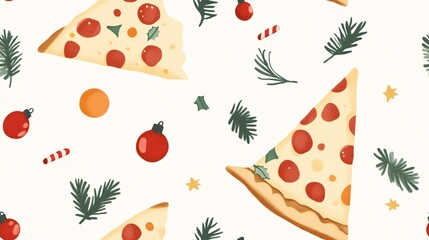 Festive Pizza Pattern with Ornaments and Pine Sprigs