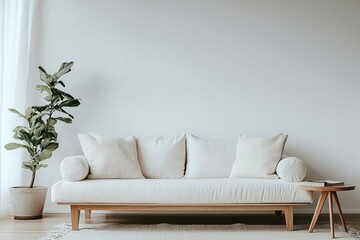 Minimalist Living Room with White Sofa, Wooden Table, and Plant