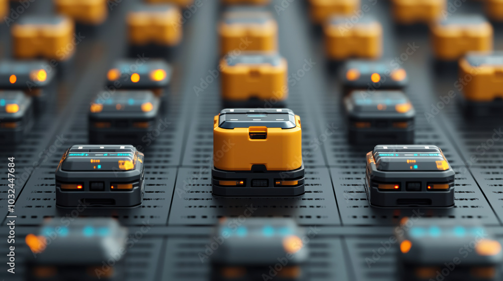Poster high tech warehouse with automated robots and pallets, showcasing innovation