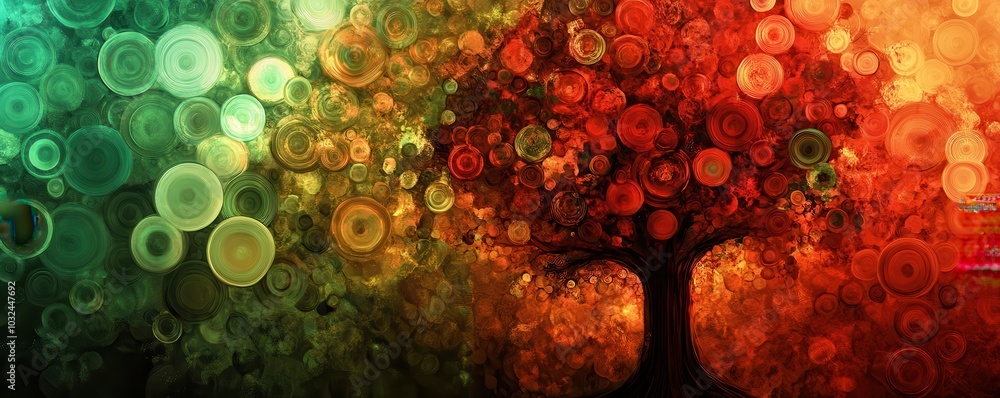 Poster abstract tree with circular patterns in vibrant colors