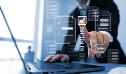 Businessman check virtual electronic documents and checklist approve.Business productivity...