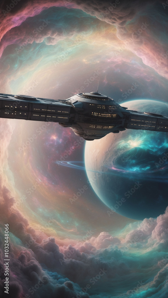 Poster futuristic space station orbiting a distant planet with colorful nebulae in the background