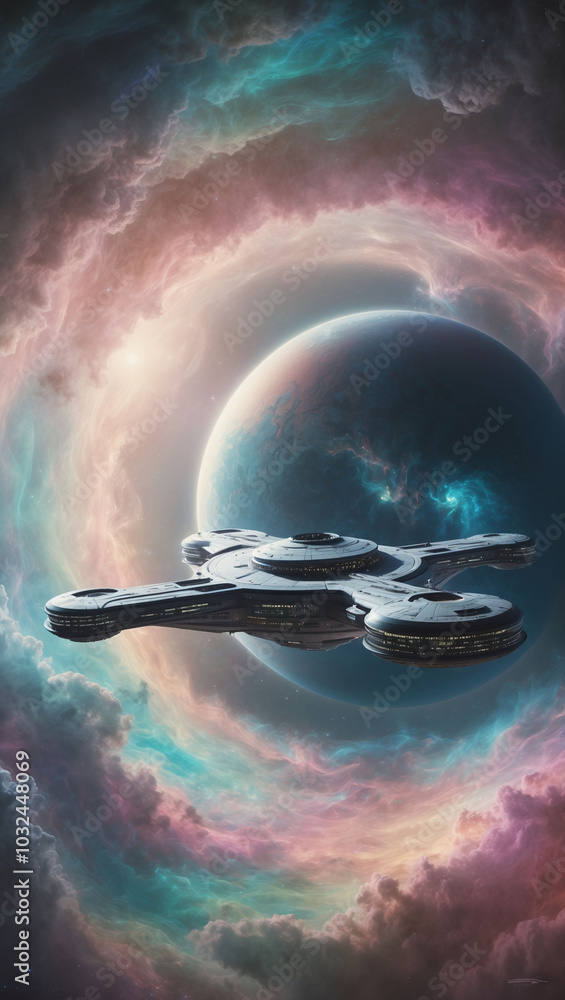 Aufkleber futuristic space station orbiting a distant planet with colorful nebulae in the background
