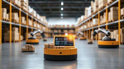 Automated robots sorting packages in massive warehouse environment