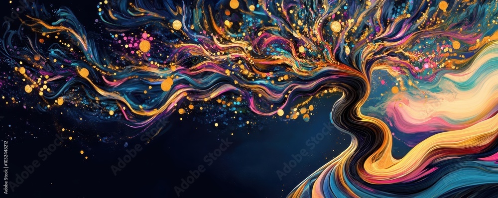 Poster colorful abstract tree with swirling patterns and designs