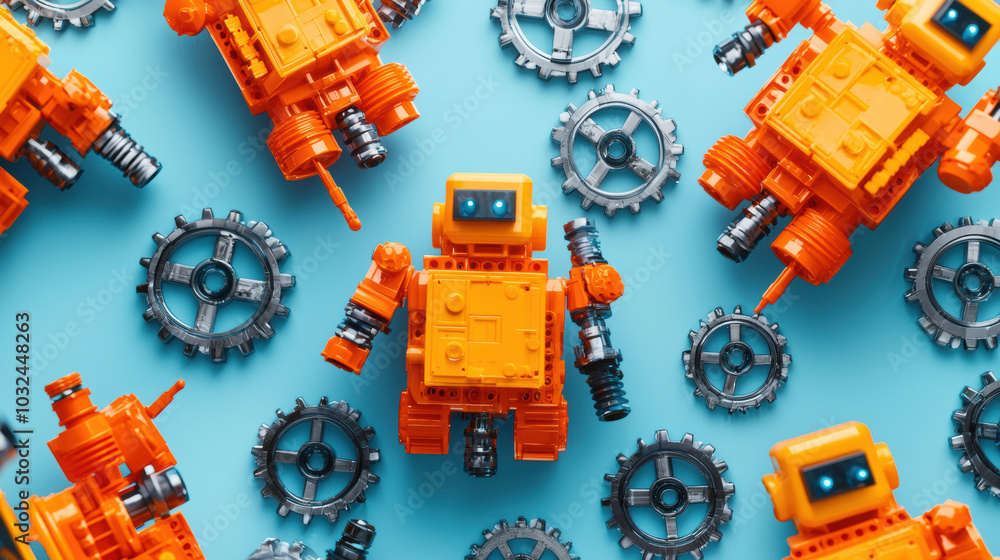 Poster colorful robots and gears create playful assembly scene
