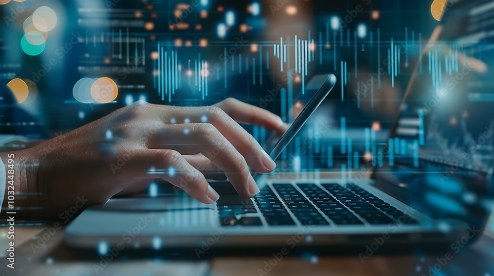 Poster close-up view of hands typing on a laptop while holding a smartphone, with financial graphs and data