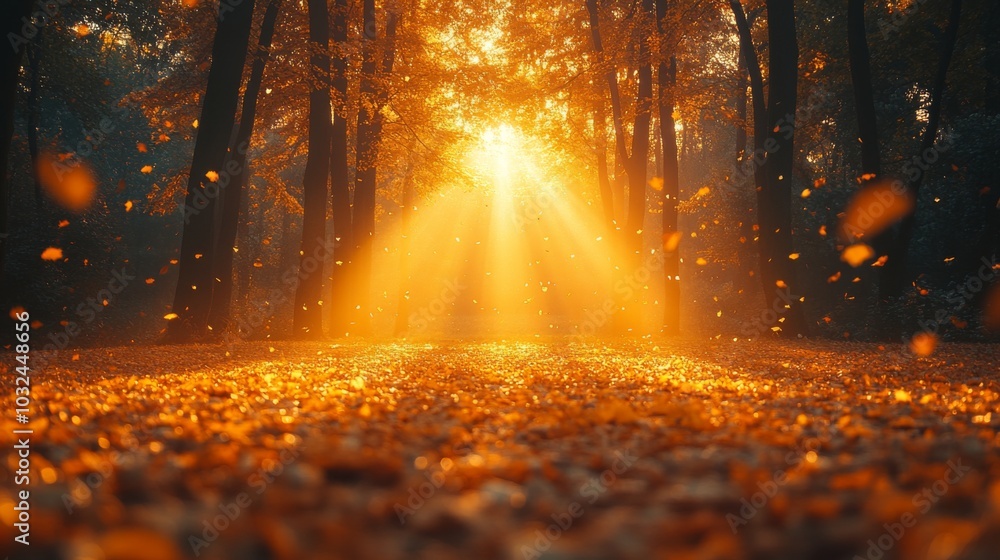 Poster A serene forest path is illuminated by sunlight streaming through the trees, casting a warm golden hue over the layer of fallen leaves on the ground. It is a perfect autumn day.