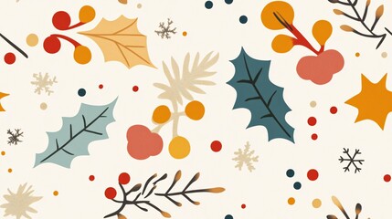 Festive Winter Pattern with Colorful Leaves and Berries