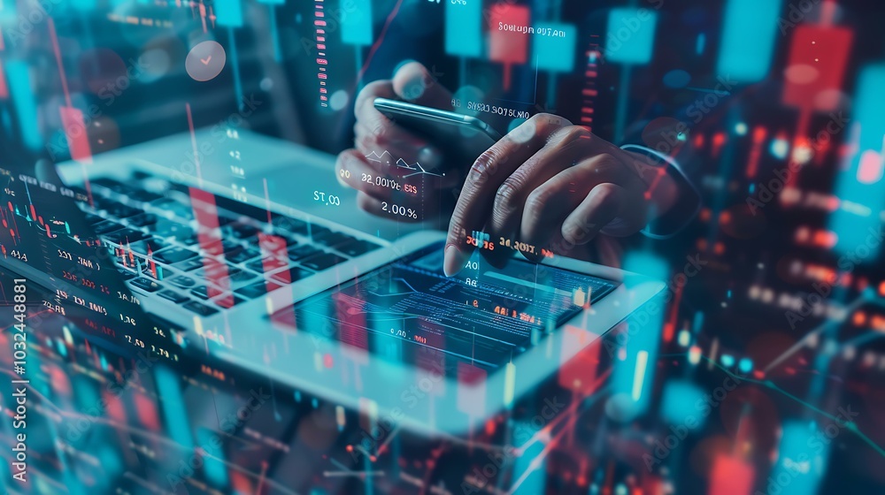 Poster hands multitasking between a smartphone and a laptop on a desk, with transparent financial data grap