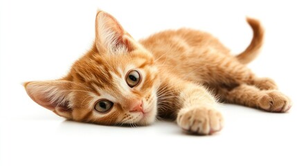 A cute ginger kitten with big eyes lies on a white background.