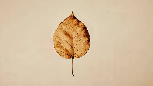A single brown leaf sits on a beige background, captured in a simple, minimalist composition