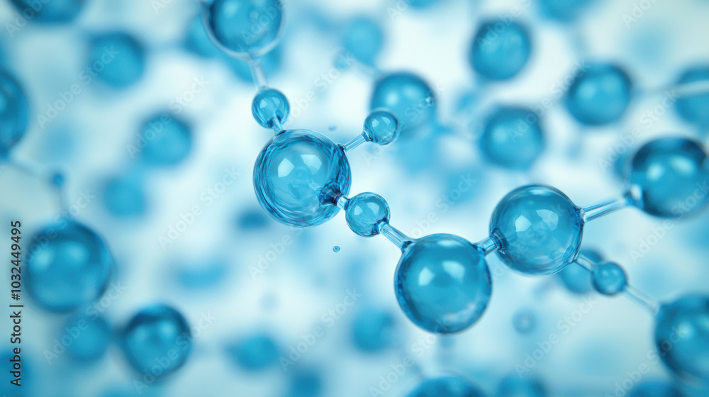 Poster molecular structures in blue liquid solution create captivating visual