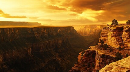 A breathtaking view of a grand canyon at sunset with dramatic golden clouds, showcasing the vastness and beauty of nature.