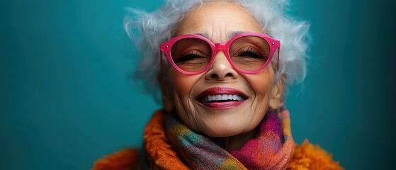 Fototapeta premium Elderly woman with vibrant white hair, neon pink sunglasses, and a rainbow scarf, laughing joyfully against a teal background