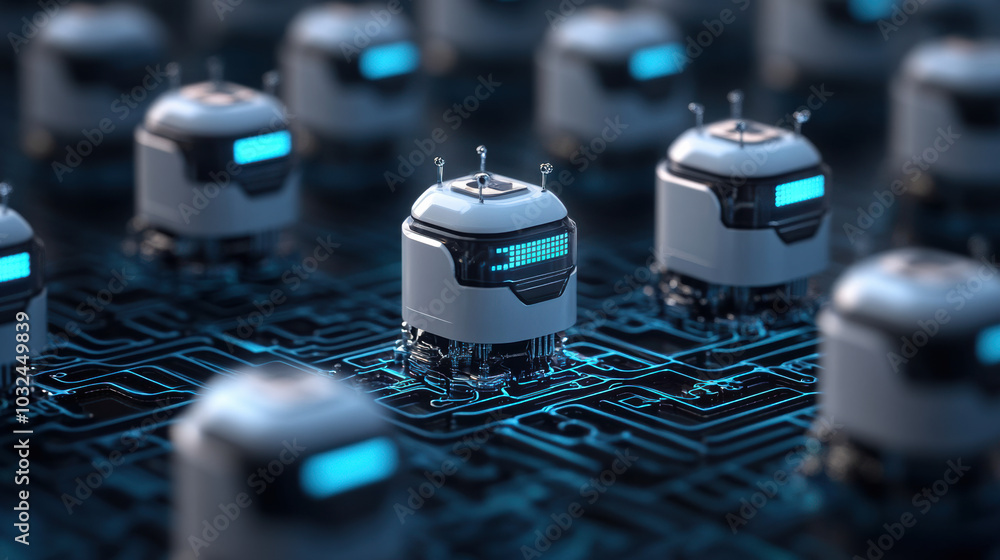 Poster microscopic robots navigating complex circuit board maze, showcasing technology