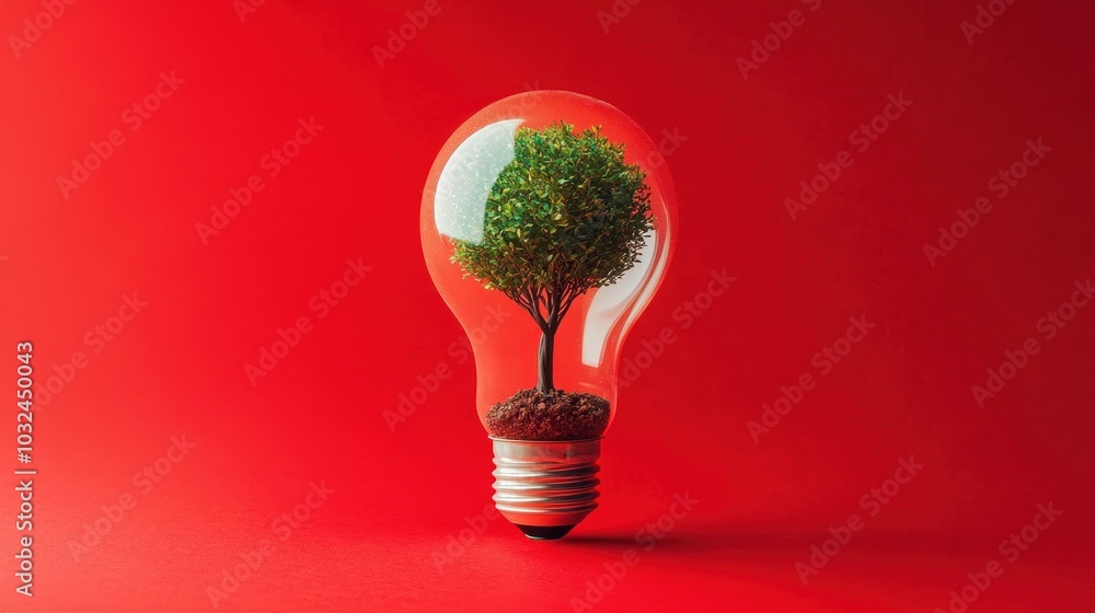 Poster tree inside light bulb on red background