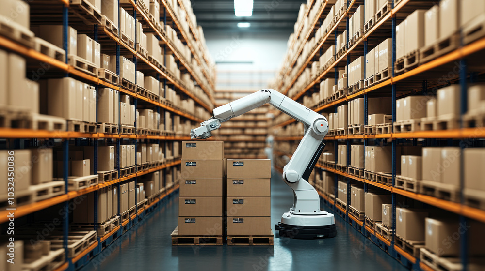 Poster automated robotic arm in futuristic warehouse, organizing boxes efficiently