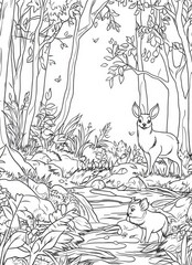 Fototapeta premium Deer among trees in the forest on a children's coloring page with nature and forest scene details.
