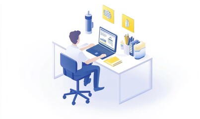 simple Isometric infographic of a businesspersonsitting at a desk, working with laptop and marketing materials.