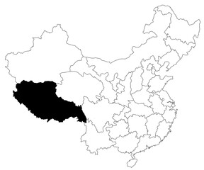Obraz premium Map of Tibet autonomous region in China country on white background. single province map highlighted by black colour on China map. East Asia, CN, people's republic of China, PRC