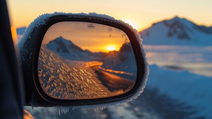The side mirror of a vehicle displays frost and ice crystals, capturing the breathtaking colors of a sunrise. A winding road leads through a snow-covered landscape with distant mountains.