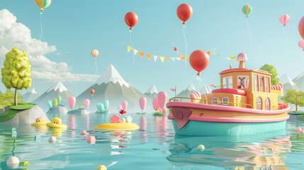 Obraz premium A Cartoon Boat Floating on a Serene Lake Surrounded by Colorful Balloons and Mountains, A Whimsical and Joyful Scene