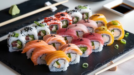 Delicious sushi rolls on a slate board, featuring colorful ingredients.
