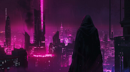 A cloaked figure overlooks a neon-lit futuristic cityscape at night under a glowing magenta sky