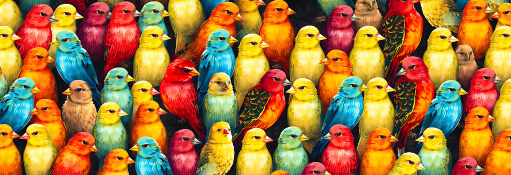 Exotic, colorful, tropical birds, several of which are on one picture, with different colors and quantities