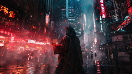 Obraz premium A mysterious hooded figure in a futuristic neon-lit city, casting red glowing energy in a dramatic scene
