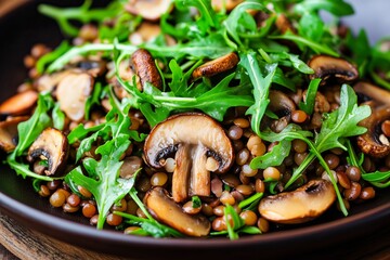 roasted mushroom and lentil salad, topped with fresh arugula, served on a dark brown plate