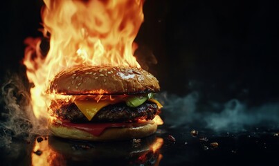 Delicious spicy fried burger ads with burning fire on dark background with copy space.