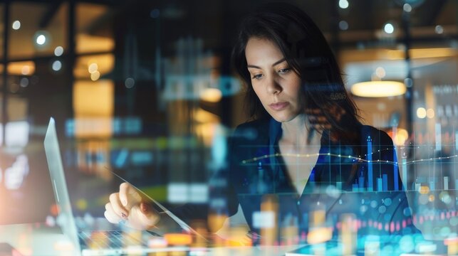 A woman is looking at a computer screen with a lot of numbers and graphs