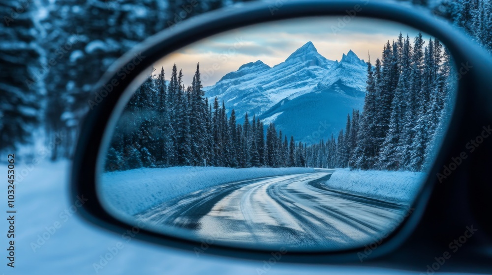 Poster a winding road lined with snow leads towards majestic mountains. the scene is captured in the side m