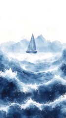 Distant Sailboat Over Turbulent Waters in Watercolor