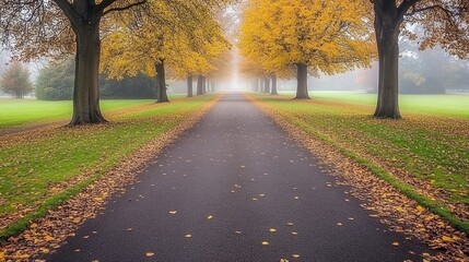 Naklejka premium A beautiful autumn scene with elegant golden leaves falling on an ethereal, foggy backdrop, capturing the essence of fall.