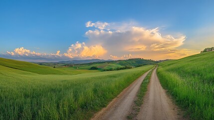 Fototapeta premium A serene landscape featuring a dirt road winding through lush green fields under a vibrant sky.