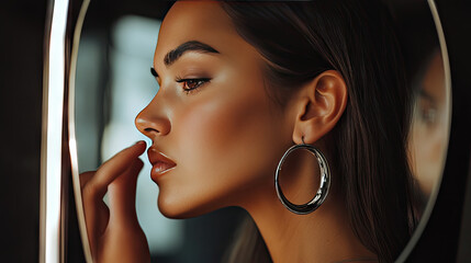 A woman adjusting her metal earrings in a mirror, with the earrings sleek design reflecting soft light, creating a chic, everyday look.