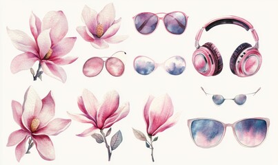 Watercolor set of fashion accessories including headphones, sunglasses, and magnolia flowers