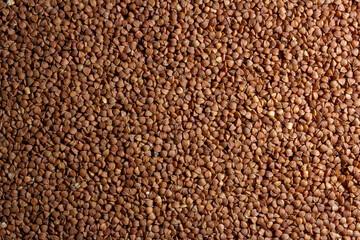 Dry Uncooked Brown Buckwheat Groats Background - Top View, Flat Lay. Raw Large Buckwheat Grains. Russian, Ukrainian and Belarusian Culture