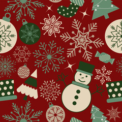 Christmas seamless pattern. Snowflakes,  Christmas ball and ornaments background design for decoration on Christmas card, banner, wrapping, wallpaper, textile, fashion.