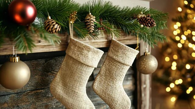 Eco-friendly Christmas scene with linen and wool stockings, natural pine branches, and wooden ornaments on a reclaimed wood mantle, softly illuminated by warm lighting. Christmas stockings, New Year