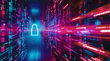 Obraz premium Neon Keyhole in a Digital Tunnel of Binary Code and Lights