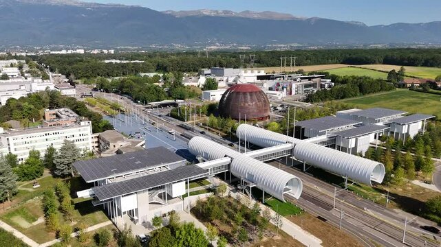 Aerial footage of CERN Organization in Geneva, Switzerland